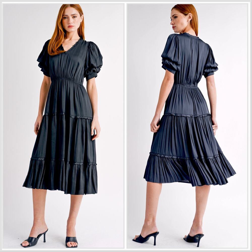 Reset Helena Satin Tiered Midi Dress Black Medium Puff Sleeves Minimalist EUC